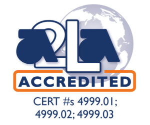 Logo indicating accreditation with certificate numbers