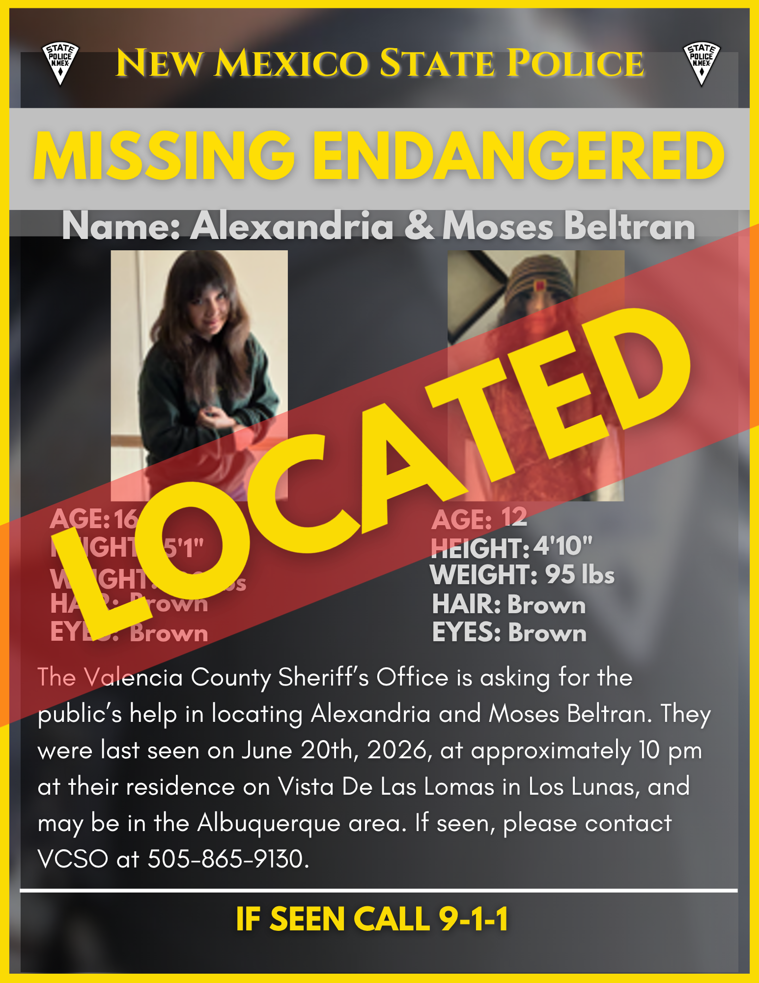 Update: CANCEL Missing Endangered Alert-Valencia County Sherif’s Office